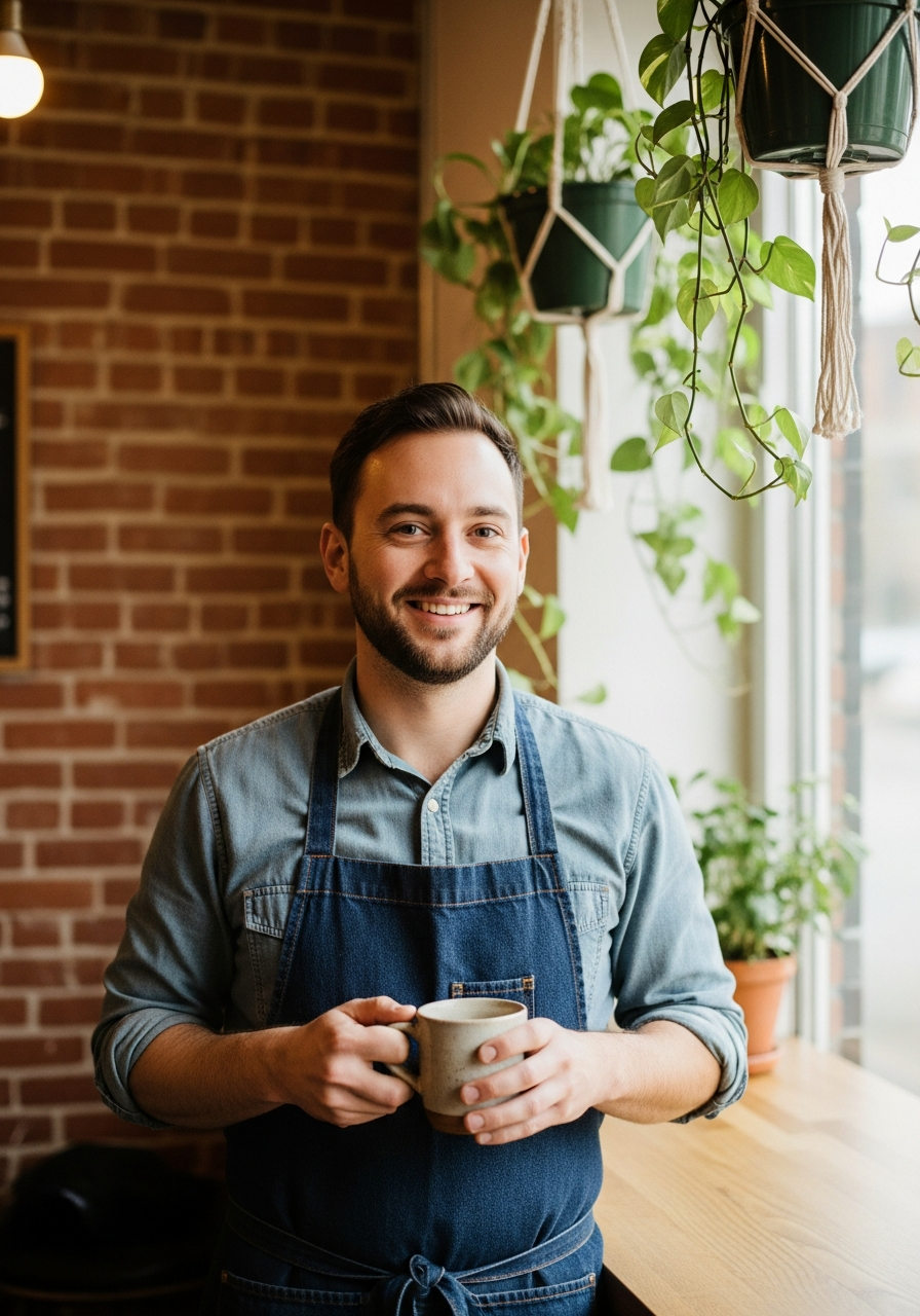 Chicago neighborhood coffee shop owner behind the counter