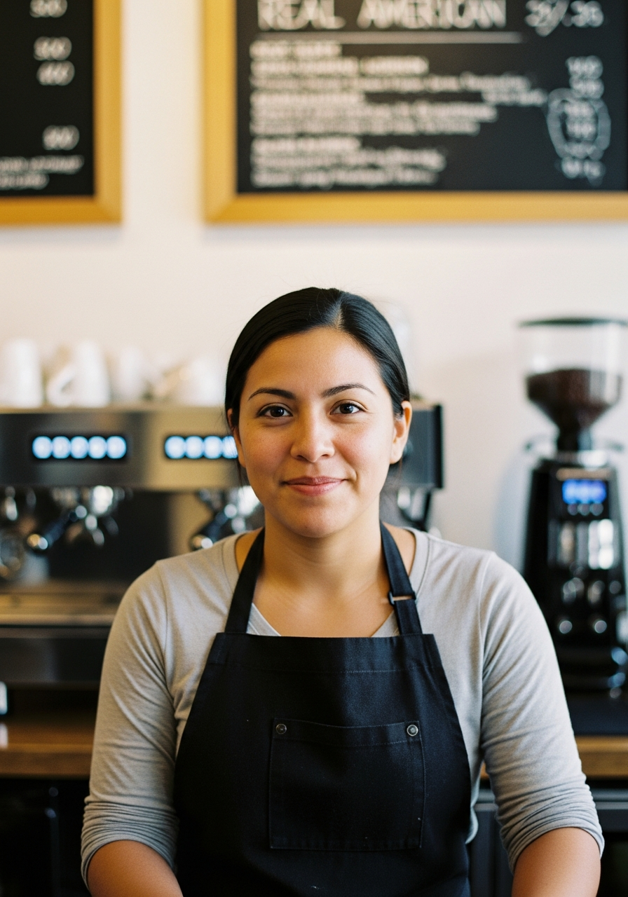 Coffee shop owner behind the counter of a cozy café