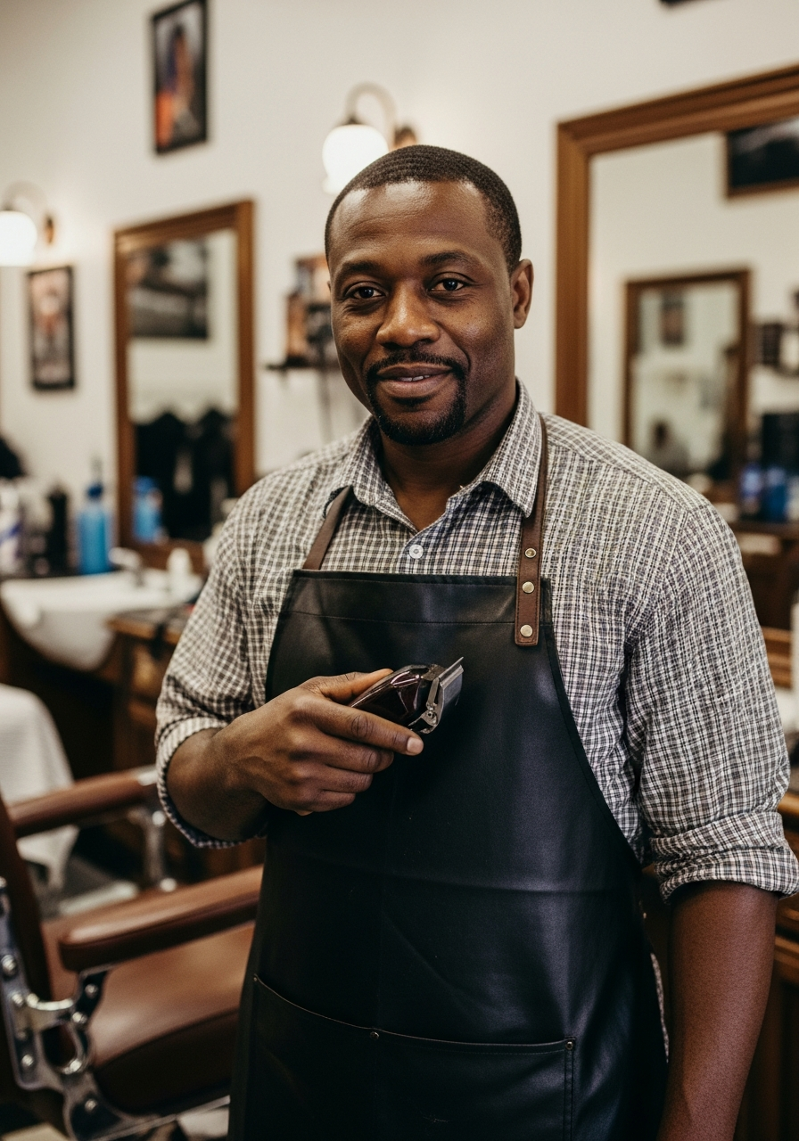 Barbershop owner holding clippers in his classic barbershop