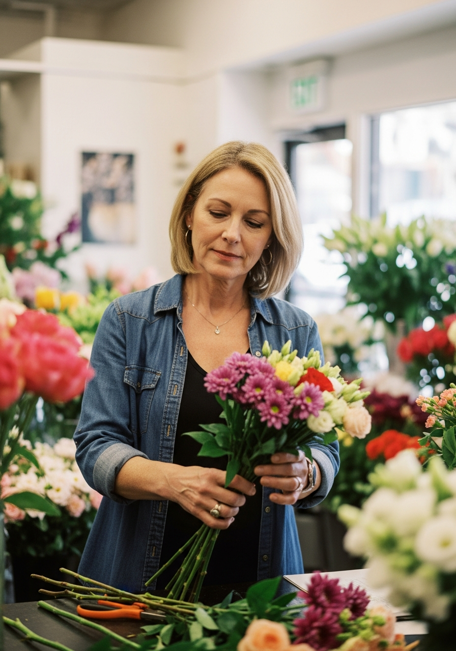 Florist arranging fresh bouquets in a bright flower shop