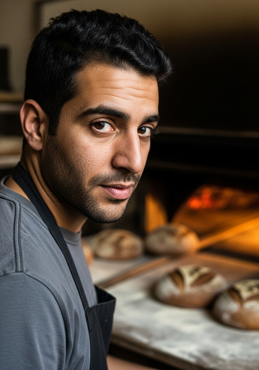 Baker beside fresh bread in a rustic neighborhood bakery