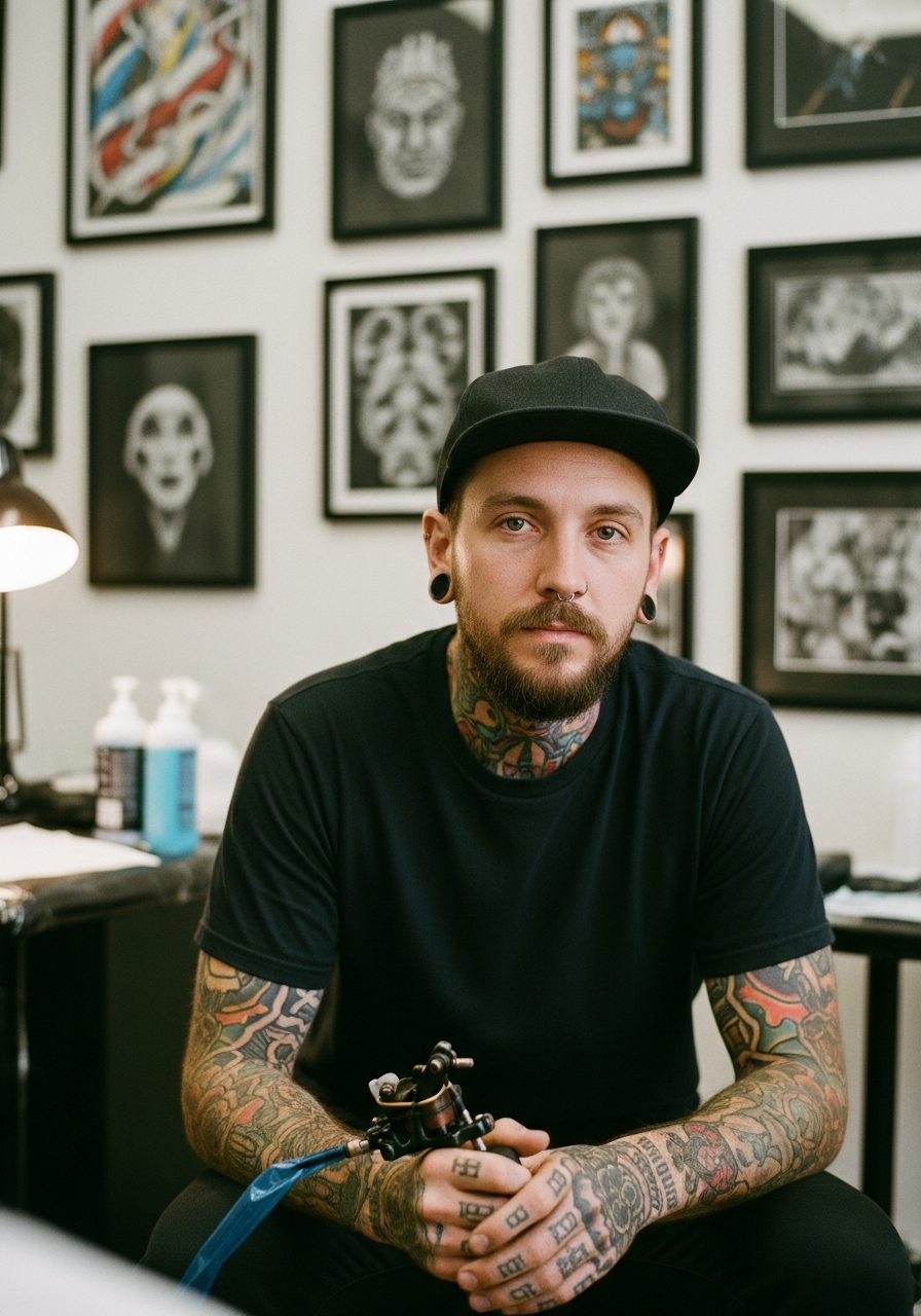 Tattoo artist in their studio surrounded by artwork