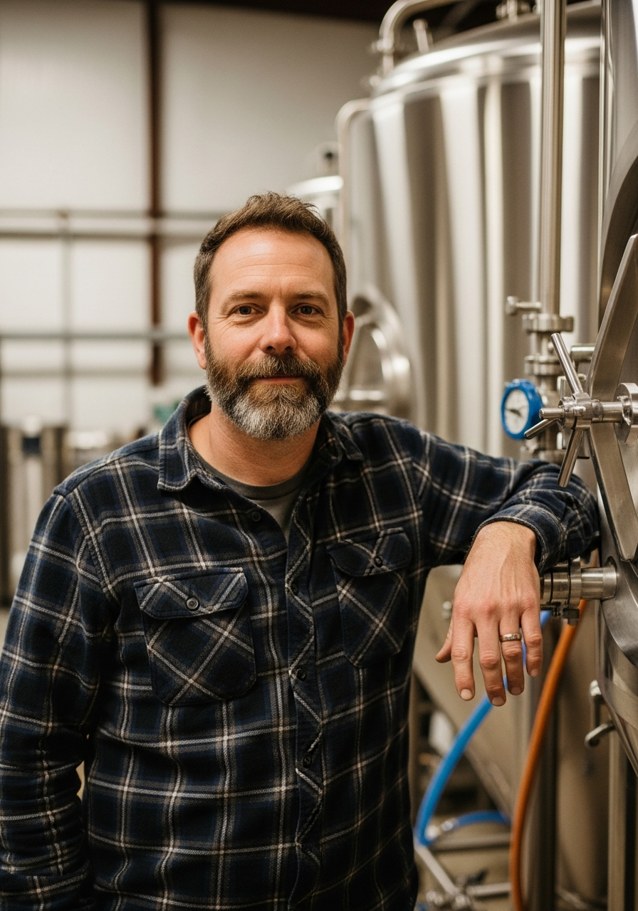 Craft brewery owner beside the fermentation tanks