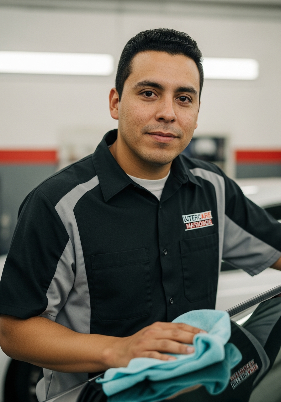 Auto detailing shop owner beside a freshly polished car
