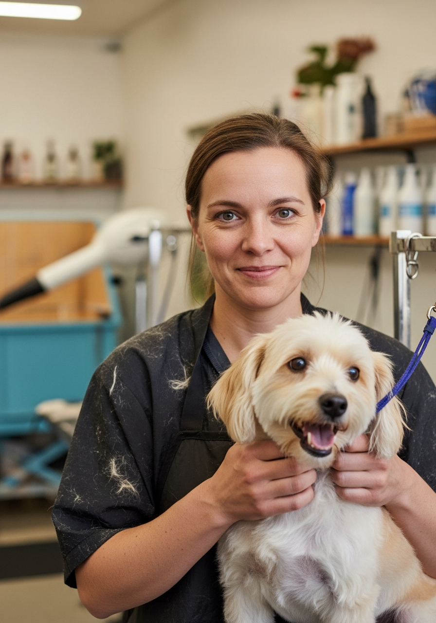 Pet groomer holding a happy dog in the grooming salon