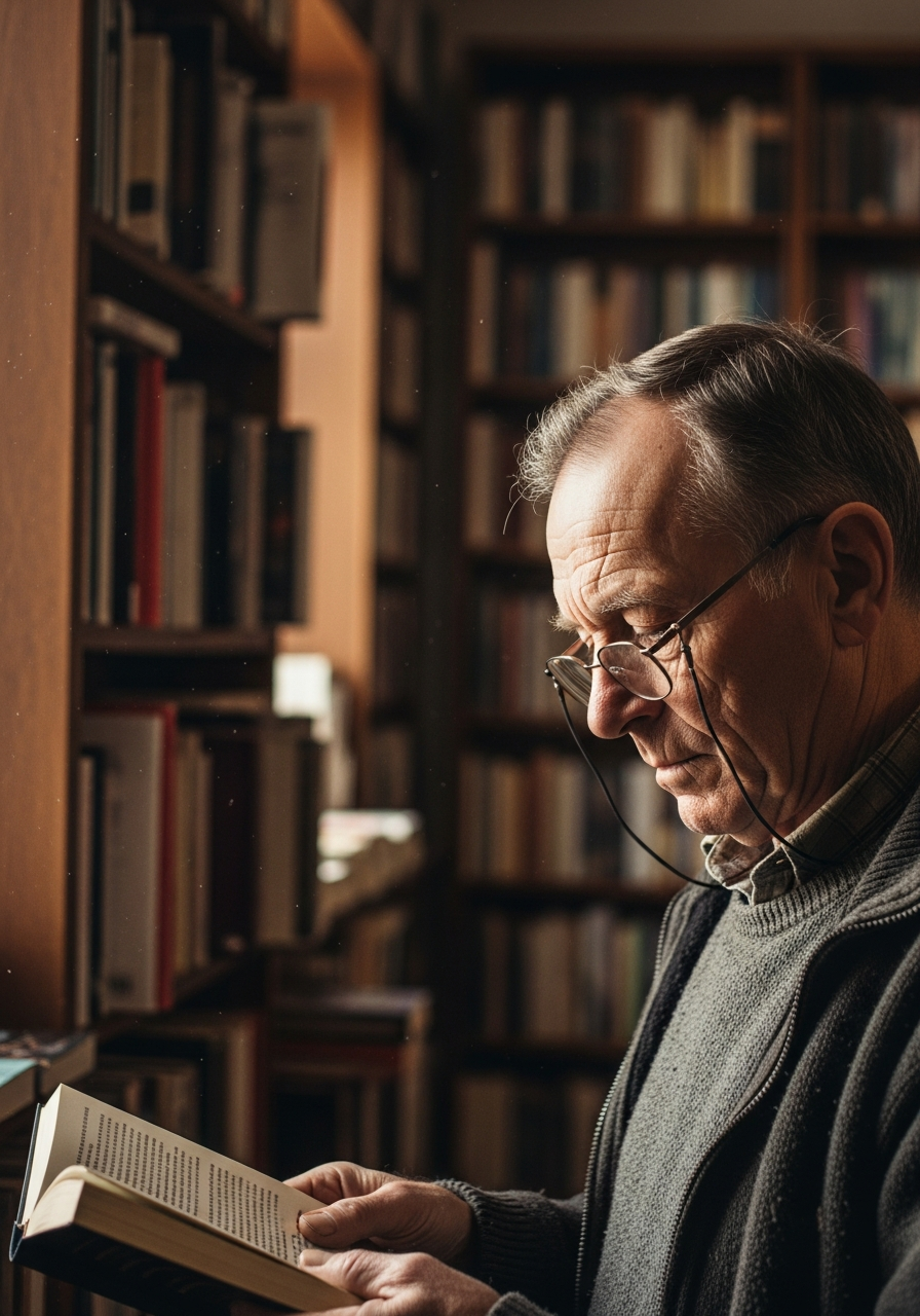 Independent bookstore owner among the shelves