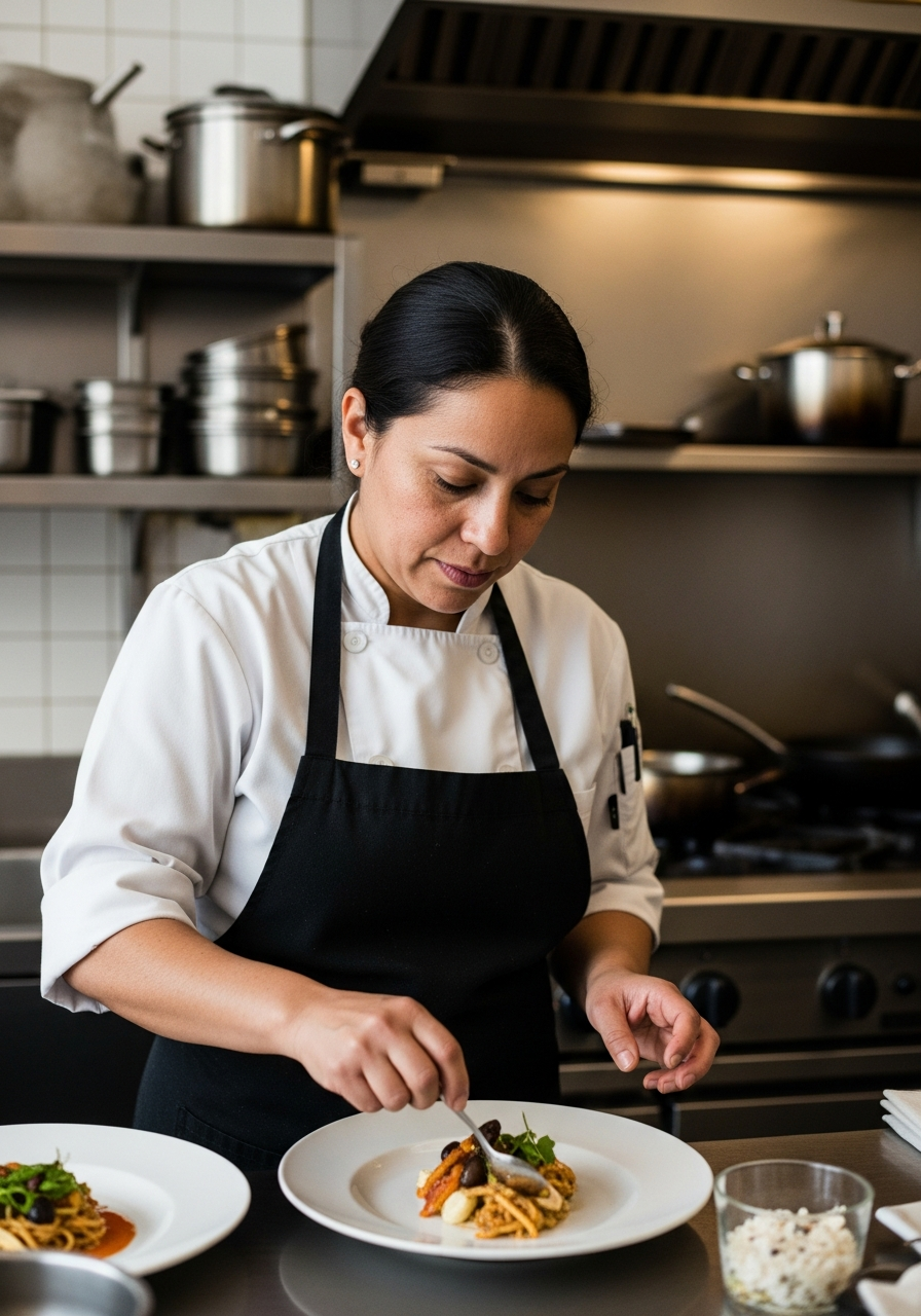 Chef and restaurant owner plating a dish in the kitchen