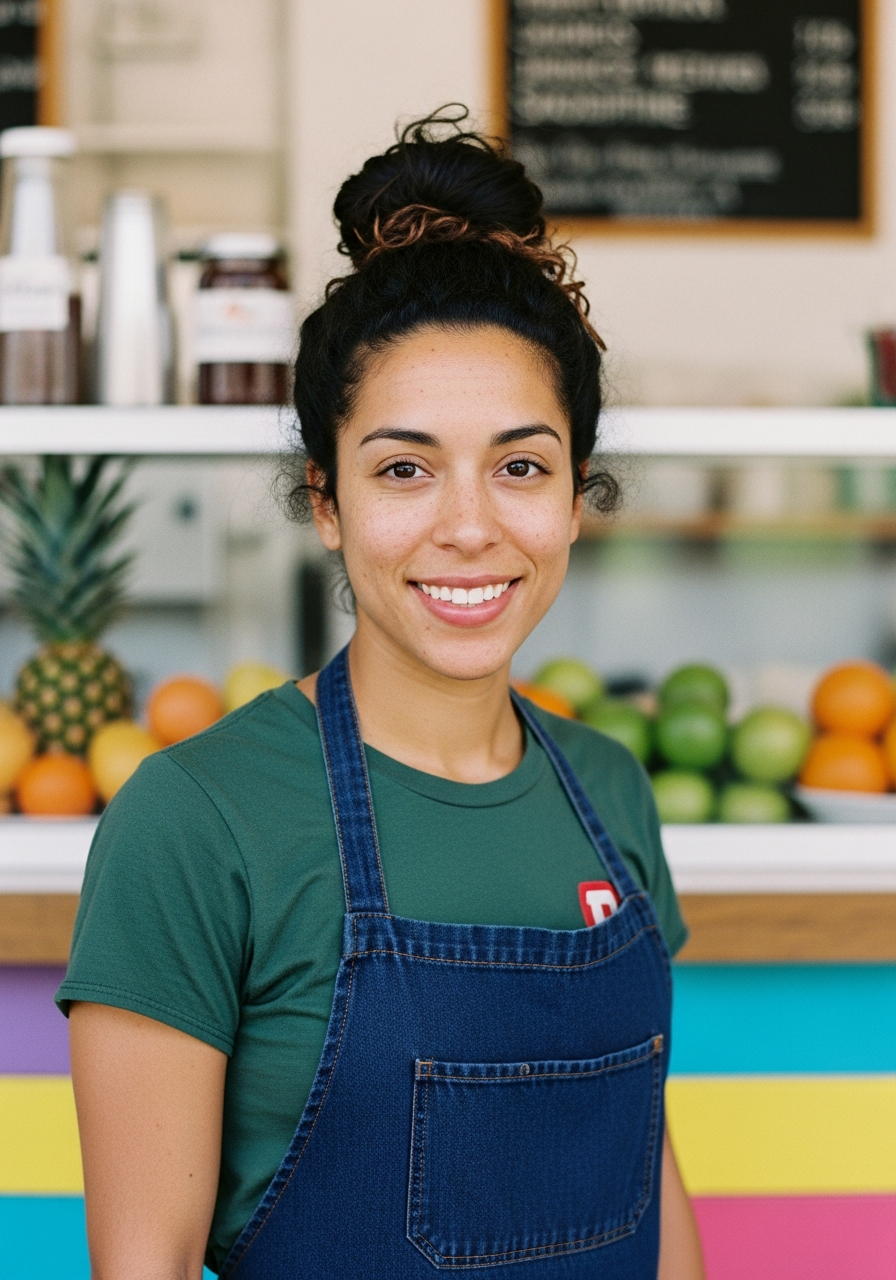 Juice and smoothie bar owner behind a colorful counter