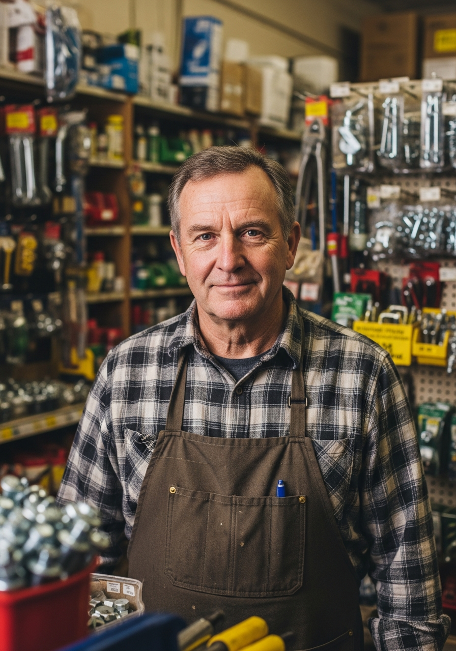 Hardware store owner among shelves of tools