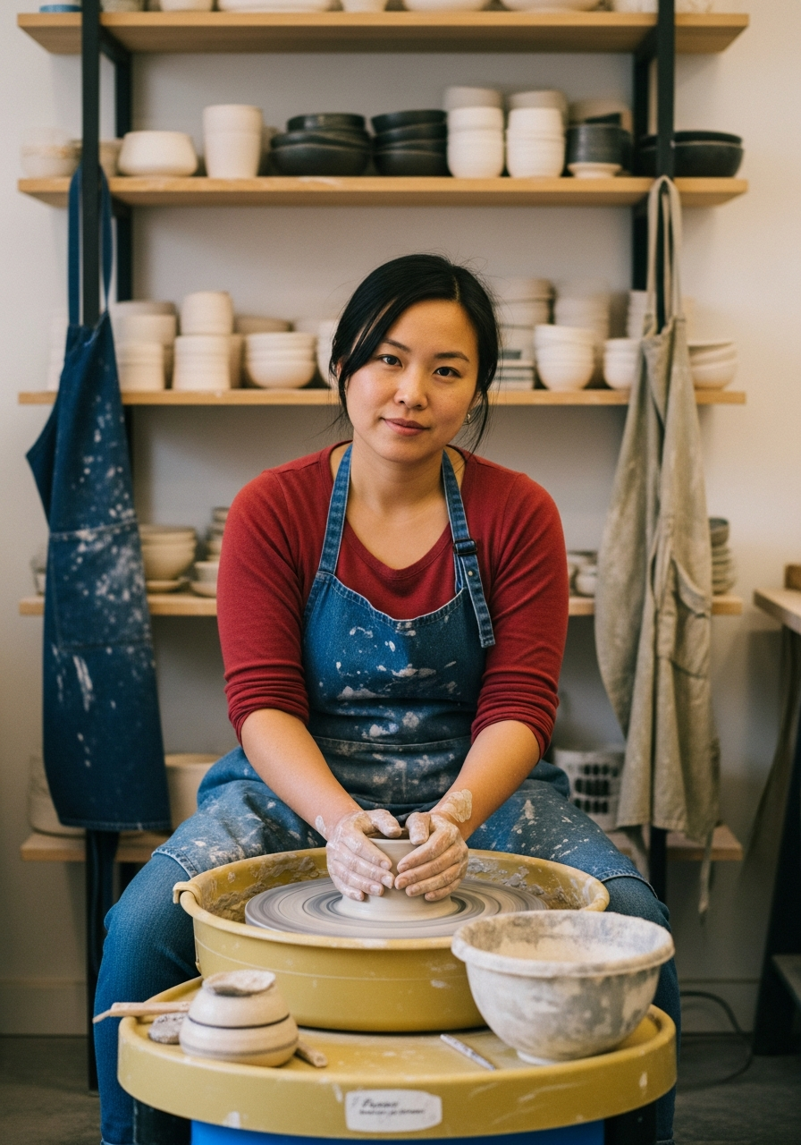 Ceramics studio owner at the pottery wheel
