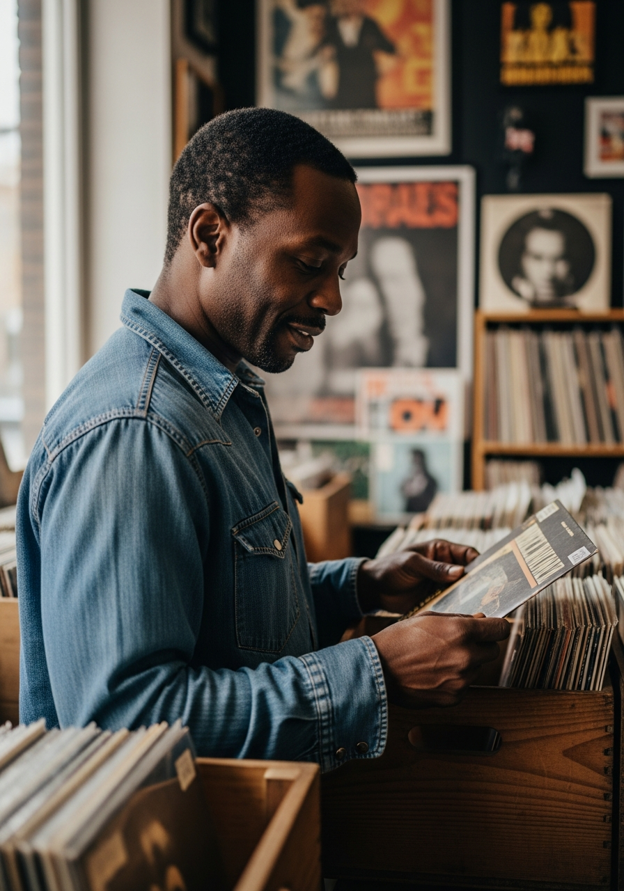 Record store owner flipping through vinyl