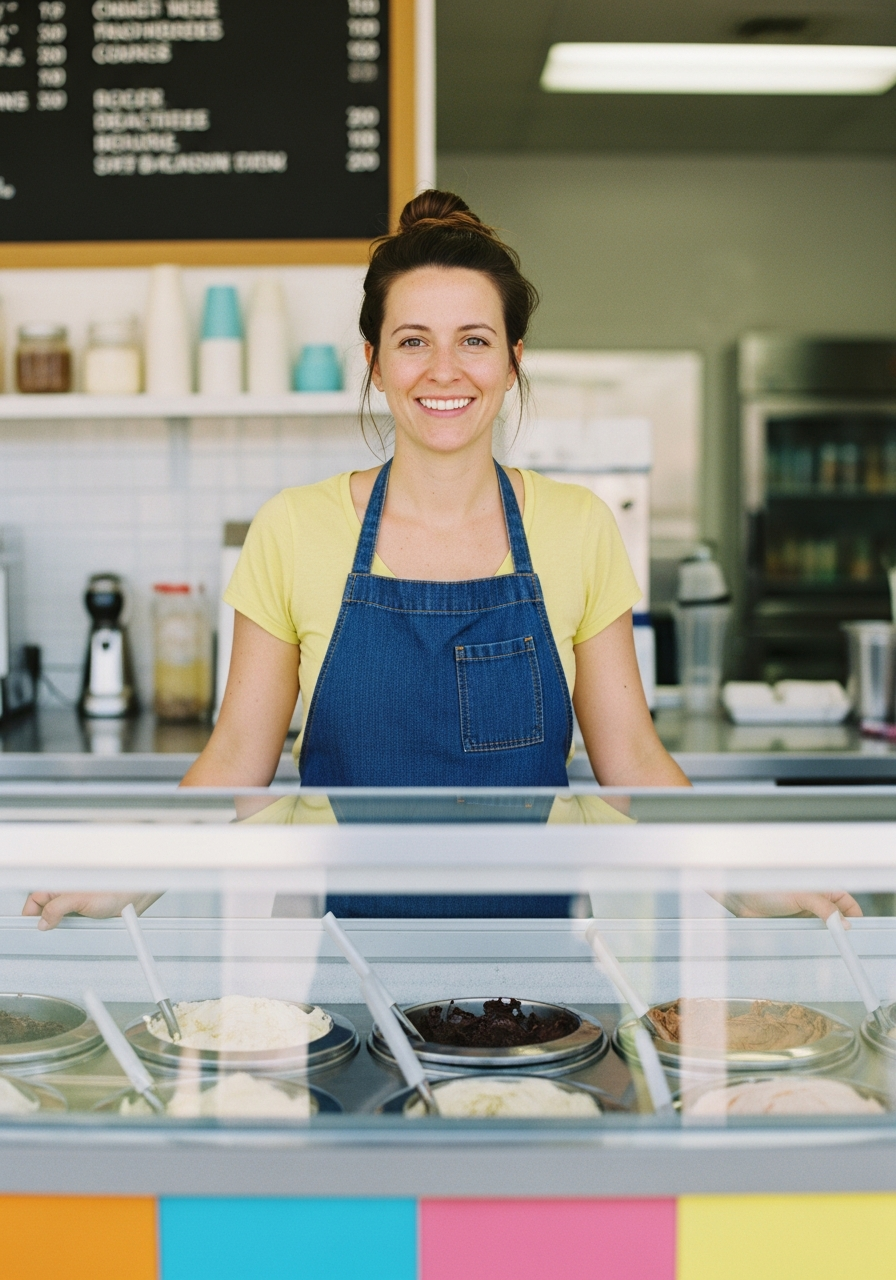 Ice cream shop owner behind the counter