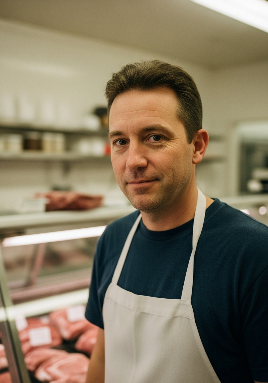 Butcher in a clean neighborhood butcher shop