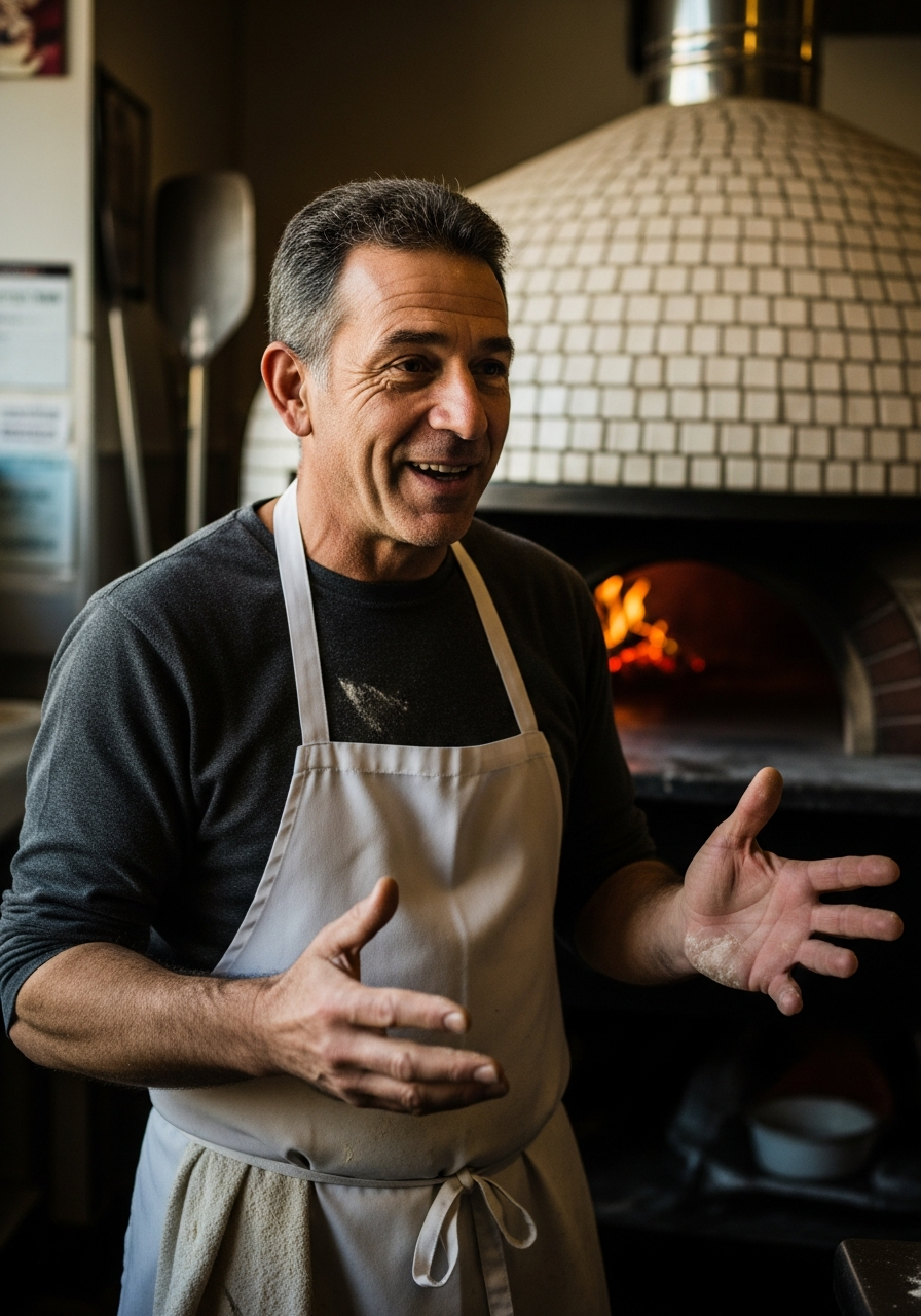 Pizzeria owner beside a brick pizza oven