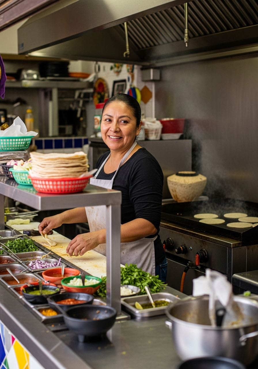 Taqueria owner in a vibrant taco shop kitchen