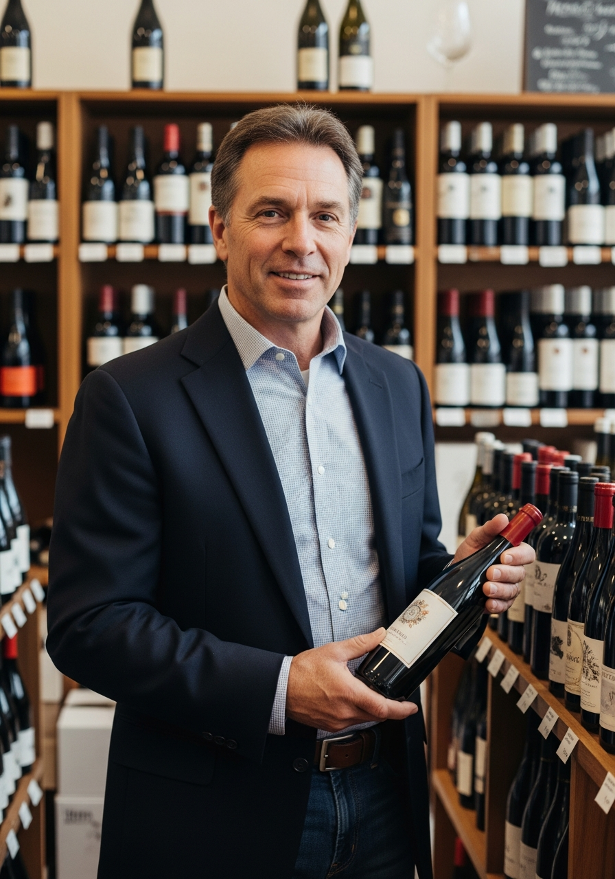 Wine shop owner among the shelves holding a bottle