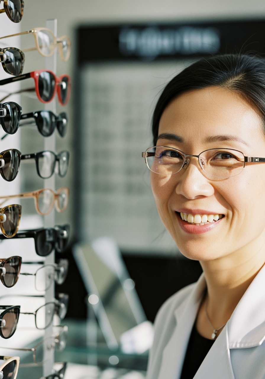 Optometrist beside displays of eyewear frames