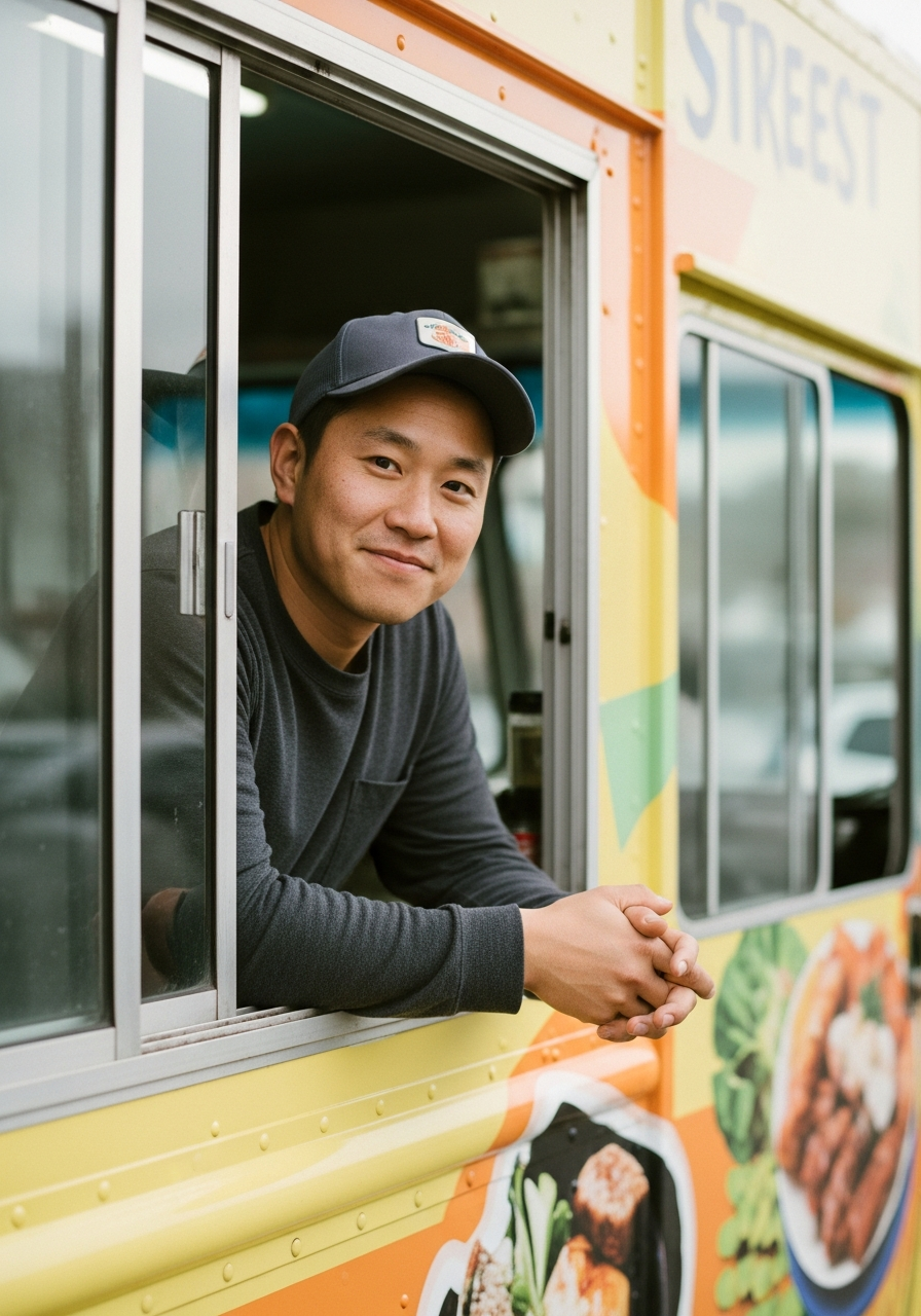 Food truck owner leaning out the truck window