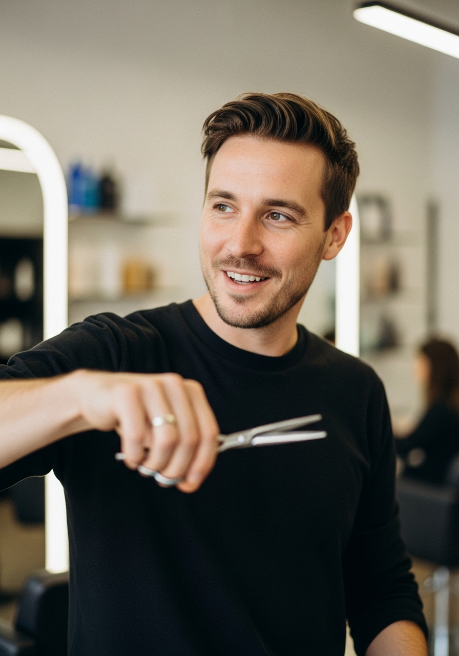 Hair stylist and salon owner holding scissors