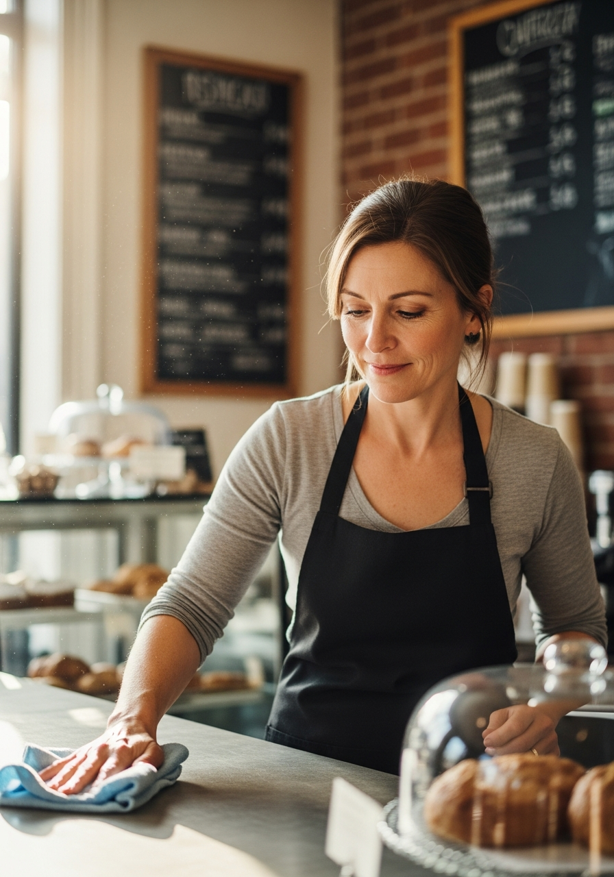 Cafe owner wiping the counter of a neighborhood cafe