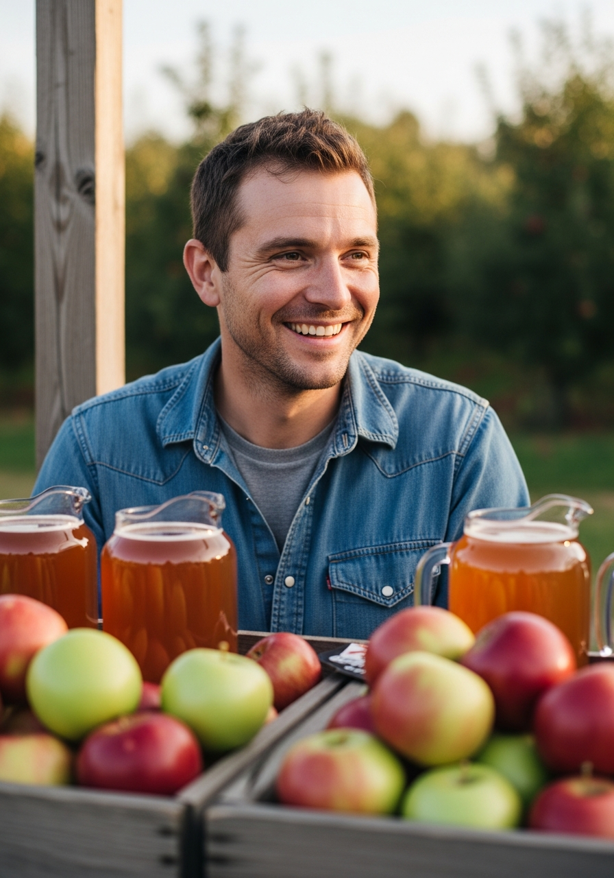 Cidery owner at a rustic farm stand