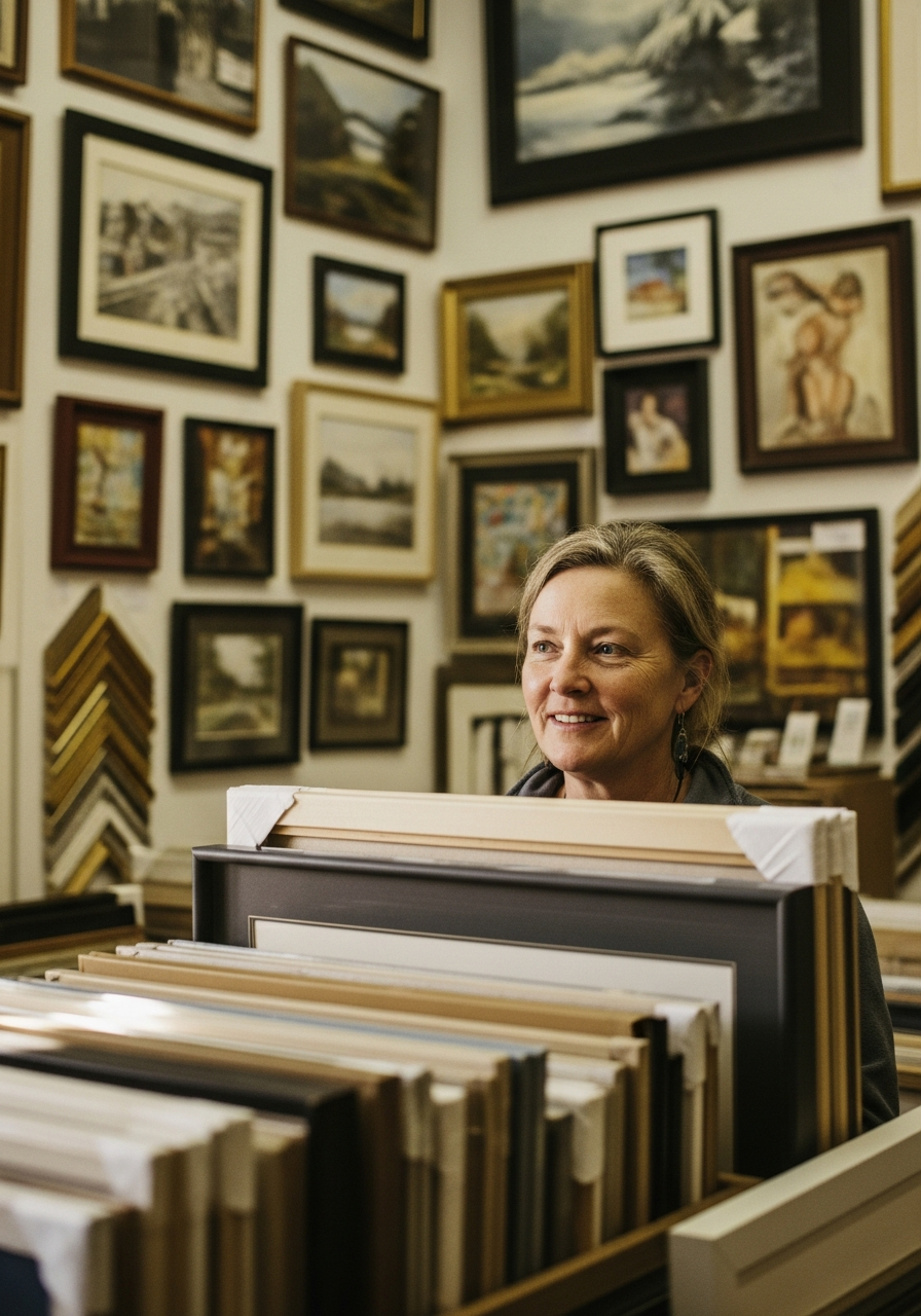 Art gallery and frame shop owner among the artwork