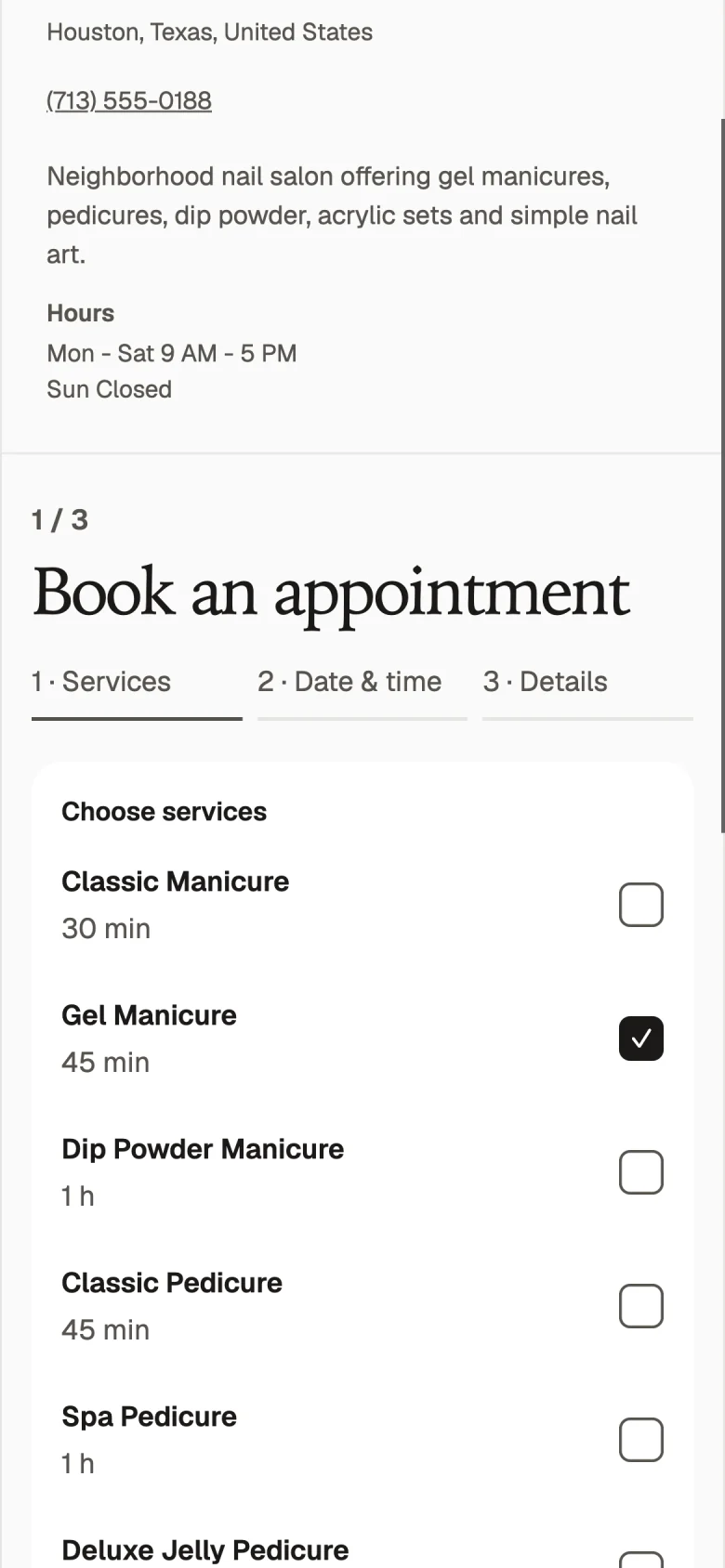 Appointment booking page with manicure and pedicure service choices.