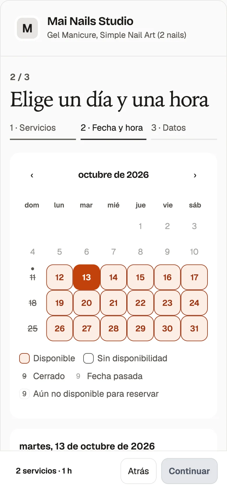Appointment booking page in Spanish with service choices.