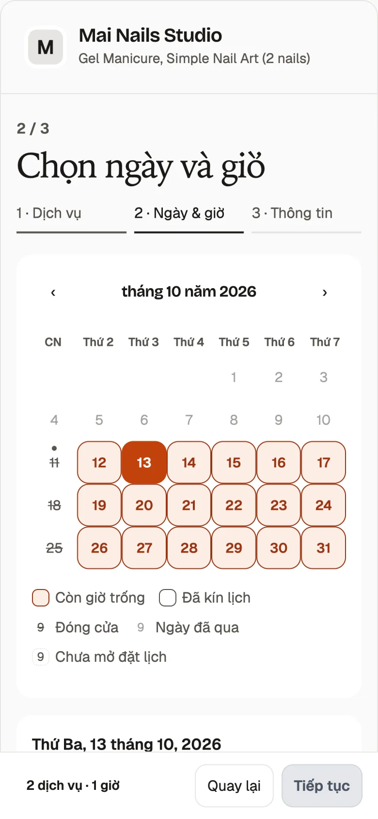 Appointment booking page in Vietnamese with service choices.