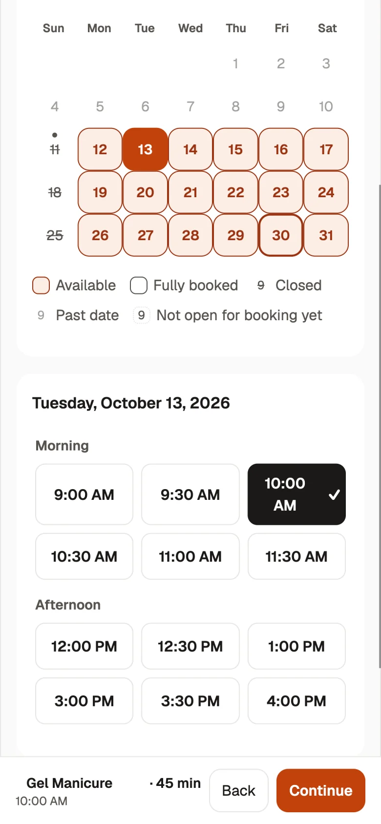 Appointment booking page with a calendar and available times.