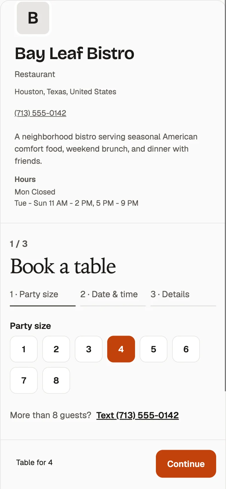 Table reservation page with party size choices.