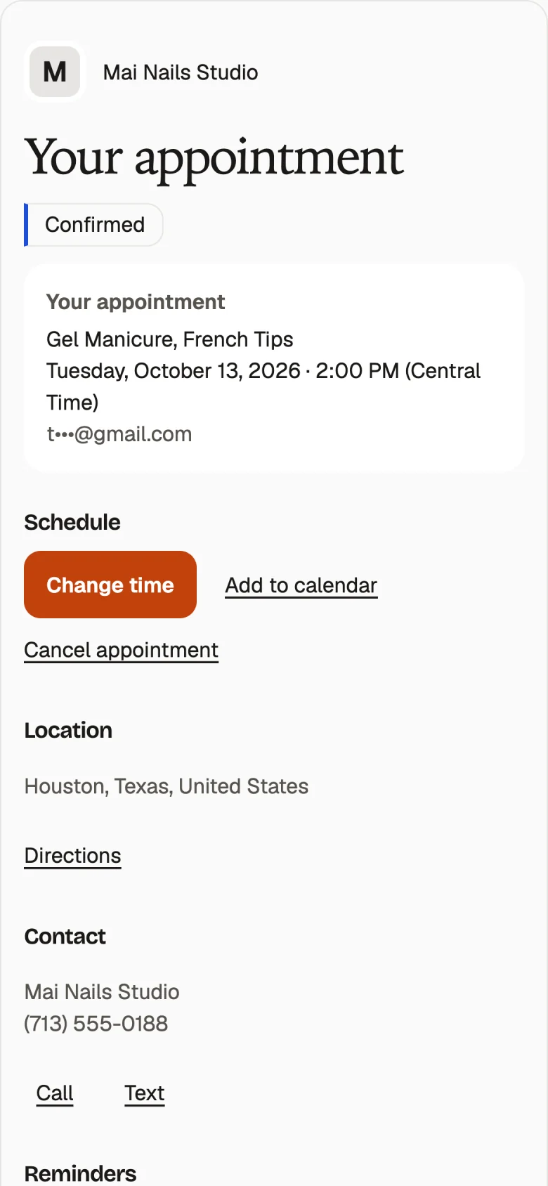 Confirmed booking with options to change the time or cancel.