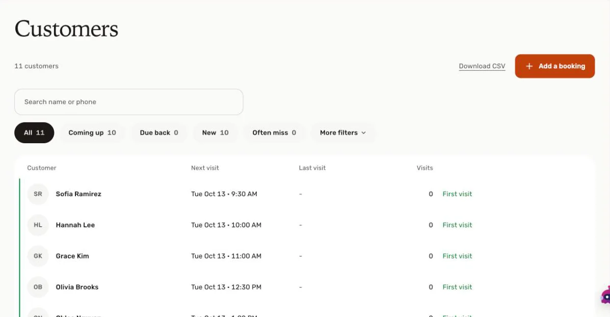Presly Customers list with customer names and visit details.