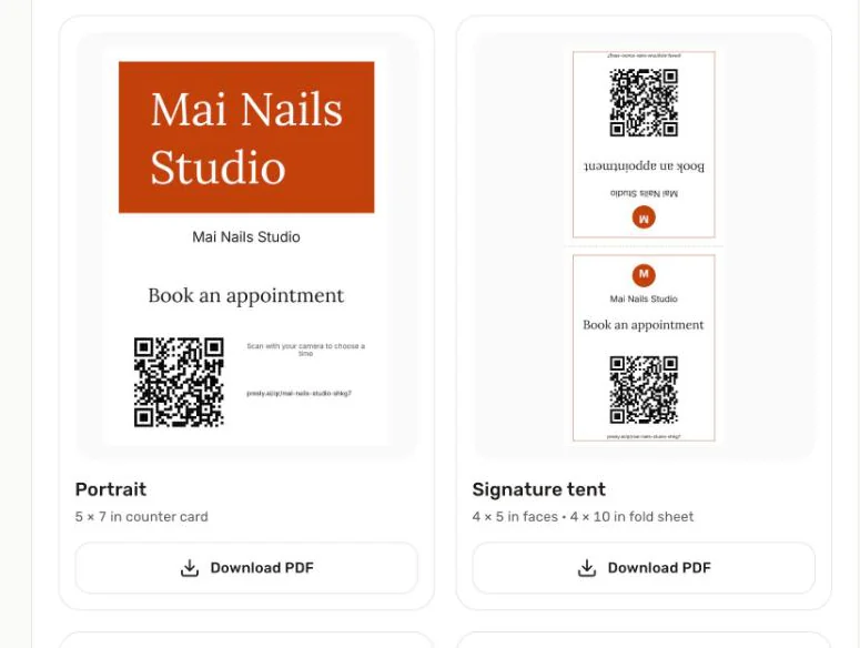 Printable booking QR code designs for a counter card and table tent.