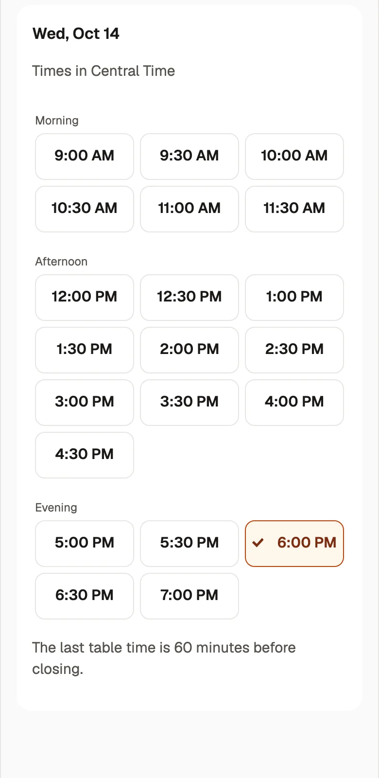 Presly table reservation page on a phone with the open table times for the day and 6:00 PM picked.