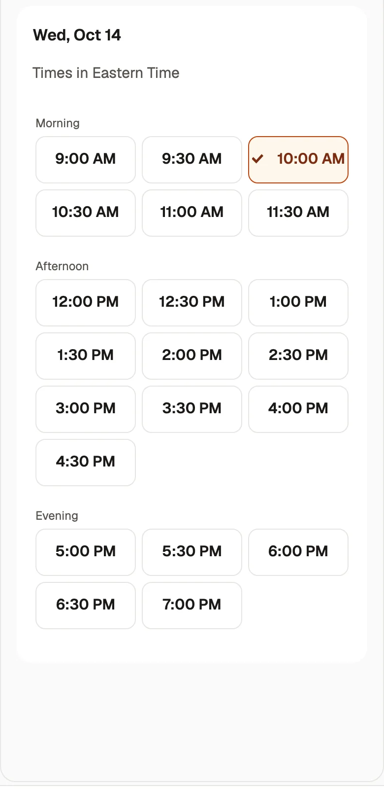 Presly booking page on a phone with the open times for the day and 10:00 AM picked.