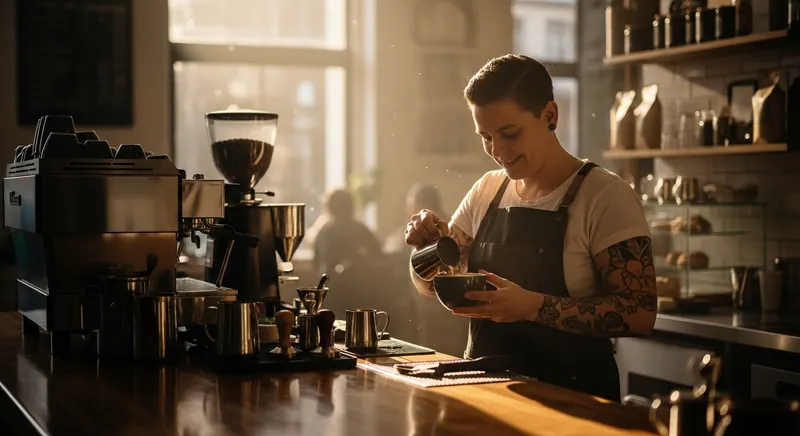 Local coffee shop owner at the counter