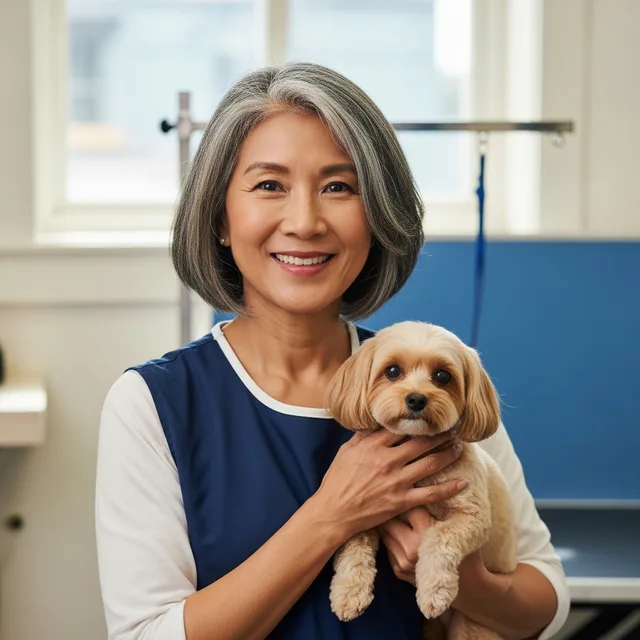 Pet groomer with a client's dog