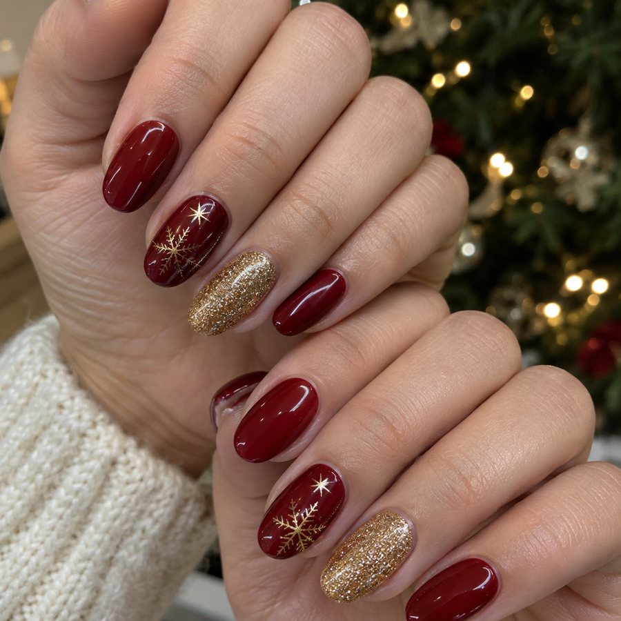 Example post image: Close-up of a client's hands showing deep red and gold holiday nail art, with soft out-of-focus string lights behind.