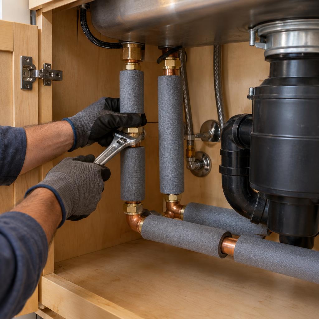 Example post image: Copper pipes under a kitchen sink wrapped in gray foam insulation, the cabinet door open, a plumber's gloved hands tightening a fitting with a wrench, warm indoor light, no faces.