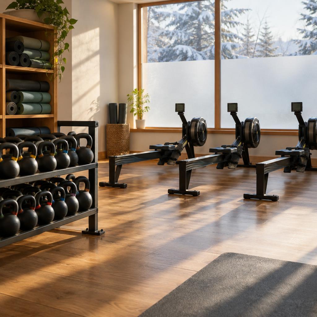 Example post image: A warm, sunlit fitness studio with neat rows of kettlebells, rowing machines and rolled mats, a frosted window showing snow outside, no people.