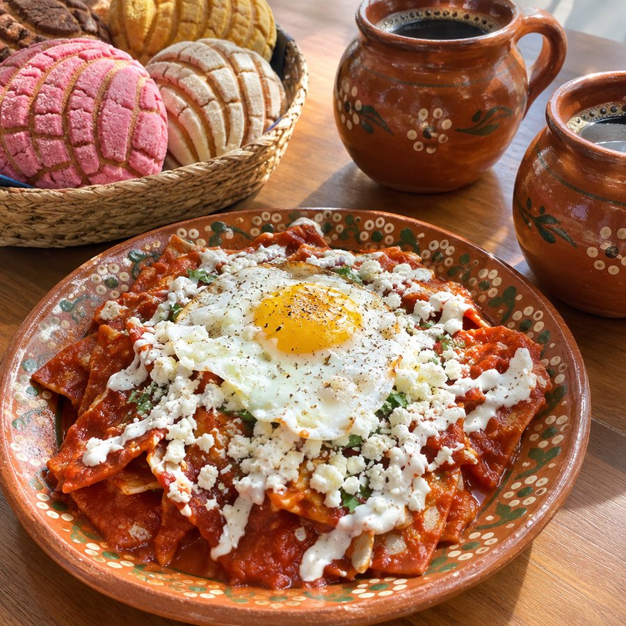 Example post image: A sunny brunch table with chilaquiles, mugs of café de olla and a basket of pan dulce, two race bibs resting beside the plates.
