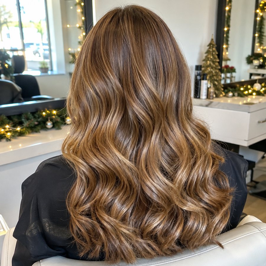 Example post image: The back of a client's head showing glossy, freshly styled caramel waves in a bright salon chair, soft holiday lights reflected in the mirror.