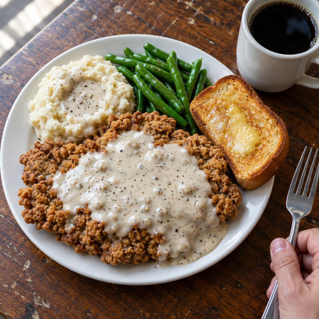 Example post image: Tight overhead shot on a scuffed wooden tabletop: a golden, craggy chicken-fried steak covering most of a white plate under peppery cream gravy, a scoop of mashed potatoes, bright green beans and a thick slice of buttered Texas toast, a hand holding a fork at the edge of the frame, a mug of black coffee beside the plate, soft morning window light, no faces, no text, no logos, no menus, no room in view.
