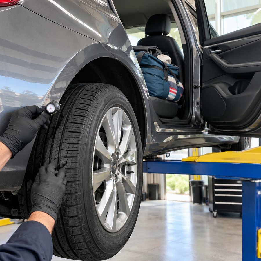 Example post image: A clean sedan raised on a lift in a bright, tidy repair bay, a mechanic's gloved hands checking tire tread with a gauge, a packed weekend bag visible on the back seat through the open door.