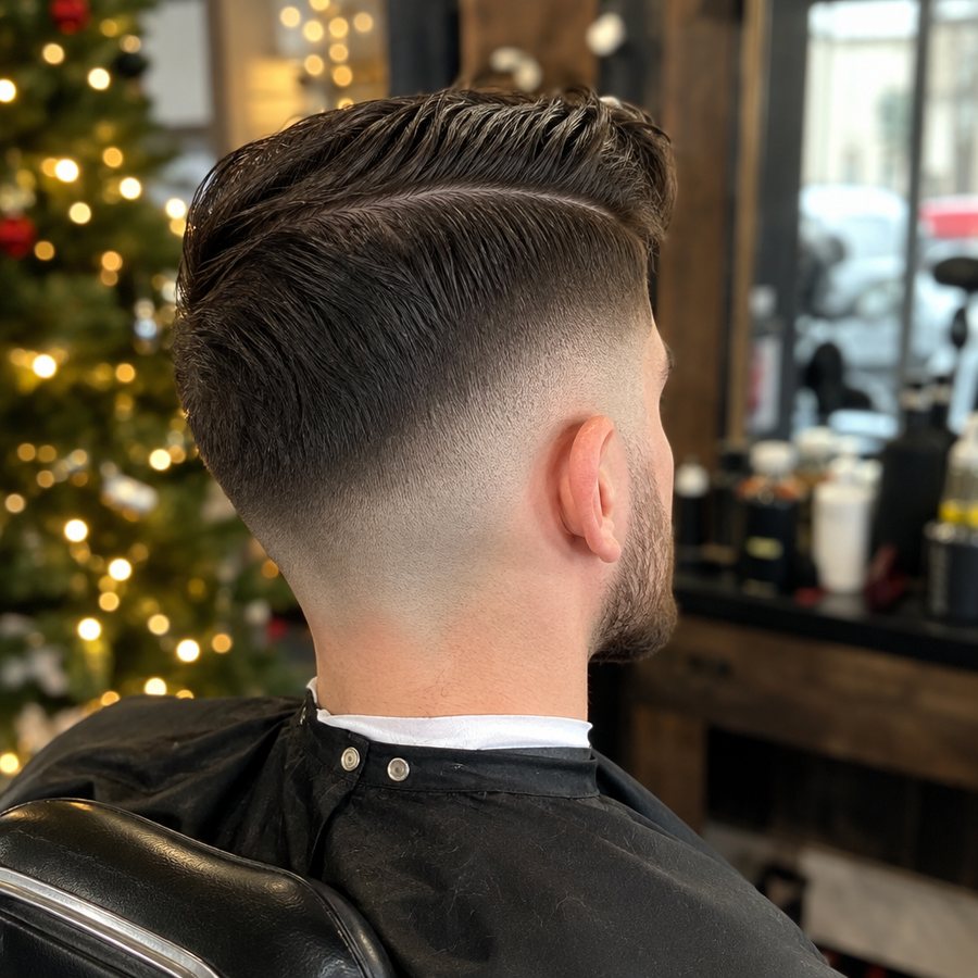Example post image: A crisp skin fade seen from behind and slightly to the side, sharp neckline and clean part, the client seated in a classic barber chair with soft holiday lights blurred in the background.