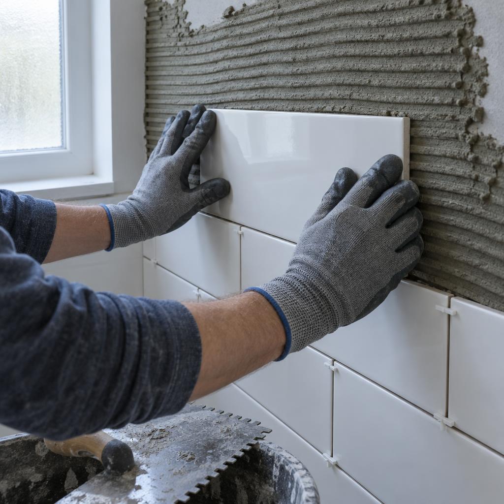 Example post image: Close-up of gloved hands pressing a glossy white rectangular wall tile onto gray thin-set mortar with ridged trowel lines, small plastic tile spacers in the joints of the row below, a notched steel trowel resting on the edge of a bucket at the lower edge of the frame, cool even daylight from a small frosted window to one side, no faces, no text, no logos, no labels.
