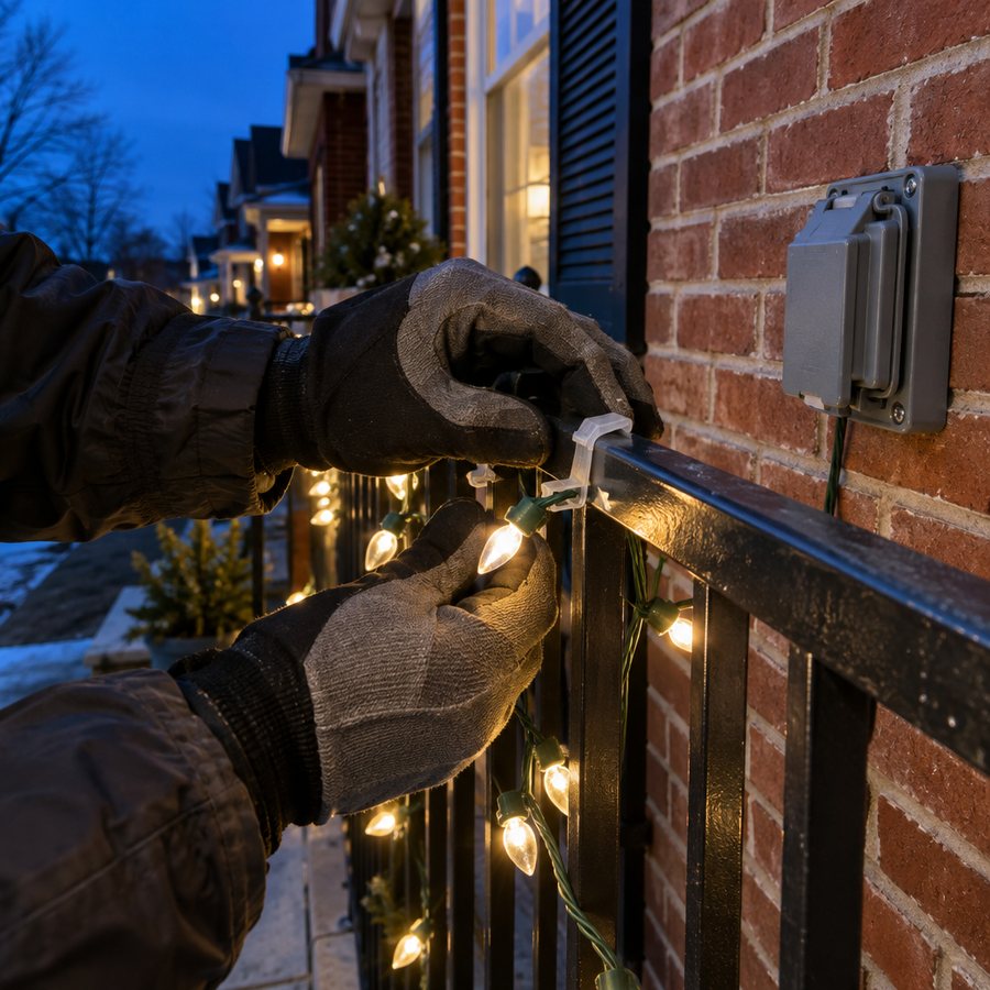 Example post image: Gloved hands clipping warm white LED string lights onto a brick rowhouse porch railing with plastic light clips, a weatherproof outdoor outlet cover on the brick beside them, with no faces and no text in frame, deep blue dusk sky behind.