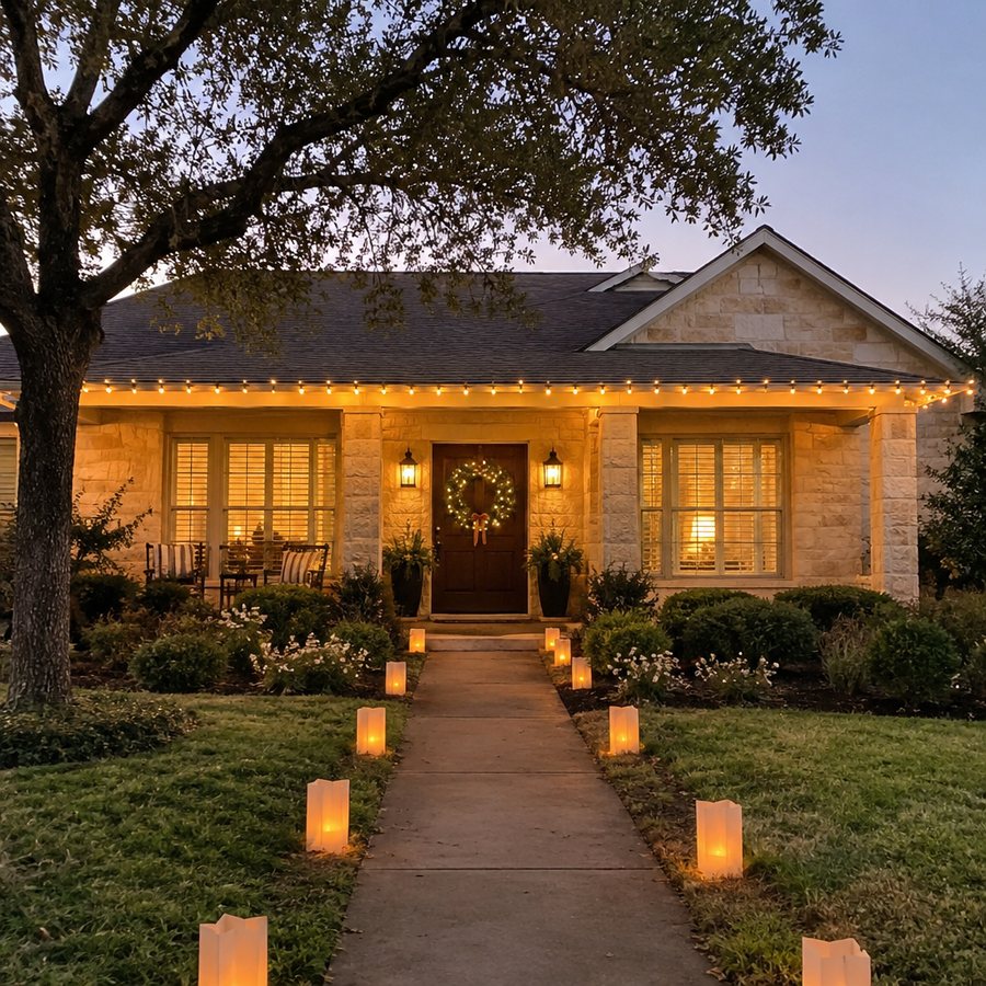 Example post image: A welcoming single-story limestone home at dusk on a quiet tree-lined street, warm white holiday lights along the porch roof, a lit wreath on the front door and luminaria-style paper lanterns lining the walk, no people.