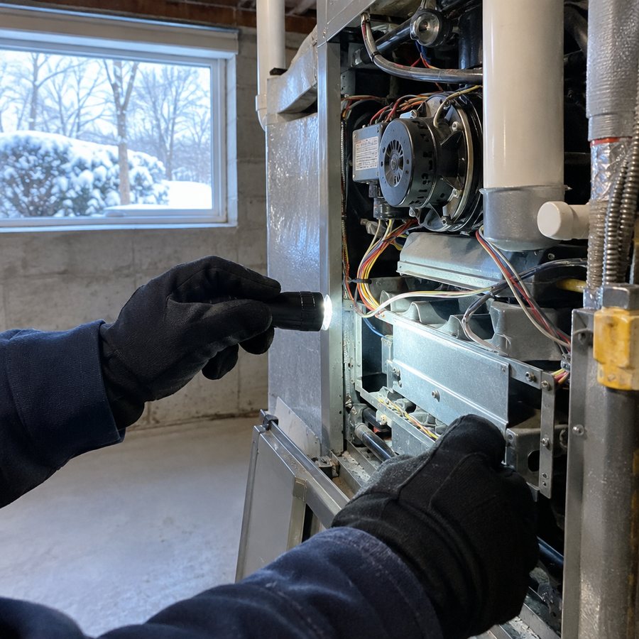 Example post image: A technician's gloved hands checking a residential furnace with a flashlight, a snowy yard visible through a basement window.